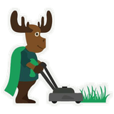 Mighty Moose Mowing, a moose pushing a lawn mower