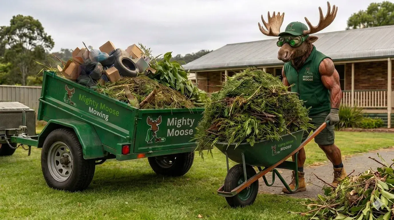 The Mighty Moose mascot loading green waste into a branded Mighty Moose trailer